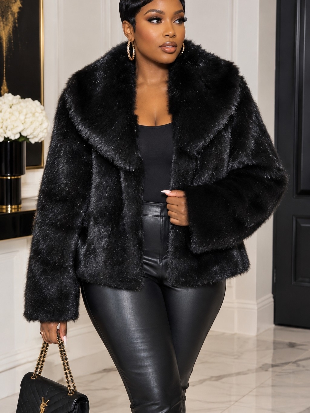 Black Rivet Plush Black Faux Fur Jacket Sz M